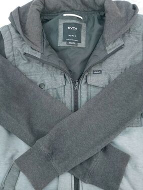 RVCA Puffer Jacket Hooded Men's Large Gray Black Full Zip Up Softshell